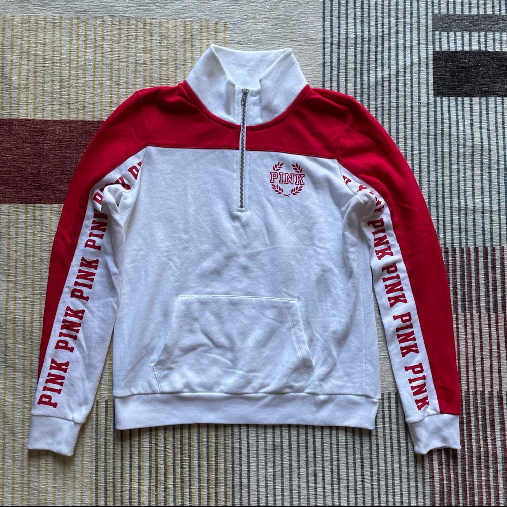 PINK | Size S White & Red 1/4 Zip Sweatshirt